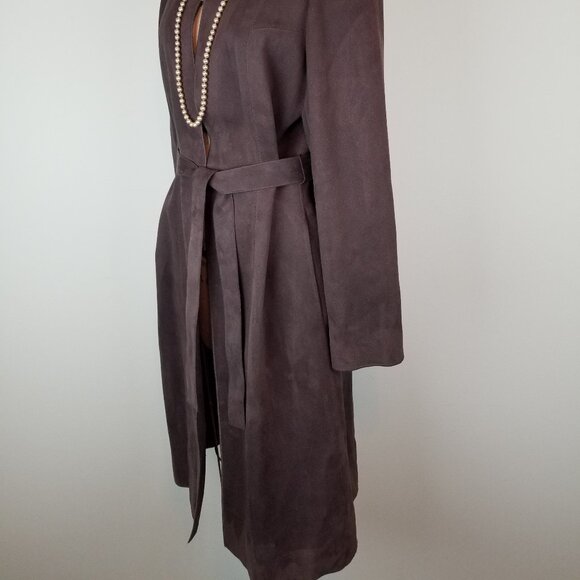INC Faux Suede Chocolate Brown Long Length Trench Belted L/S Jacket * Size 10 - Picture 3 of 9